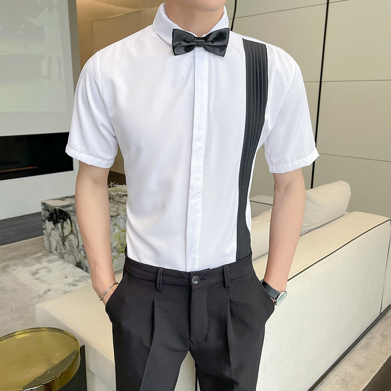 LT147*潮撞色风琴皱夏季短袖衬衫伴郎餐厅服务员KTV衬衣工作服P45,男装衬衫,星座717A