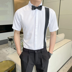 LT147*男拼色风琴皱法式短袖衬衫奶茶店餐厅服务员衬衣工装P45