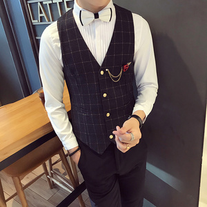 S8710-春季V领大格子休闲马甲工装KTV夜店酒吧马甲工作服P50图片