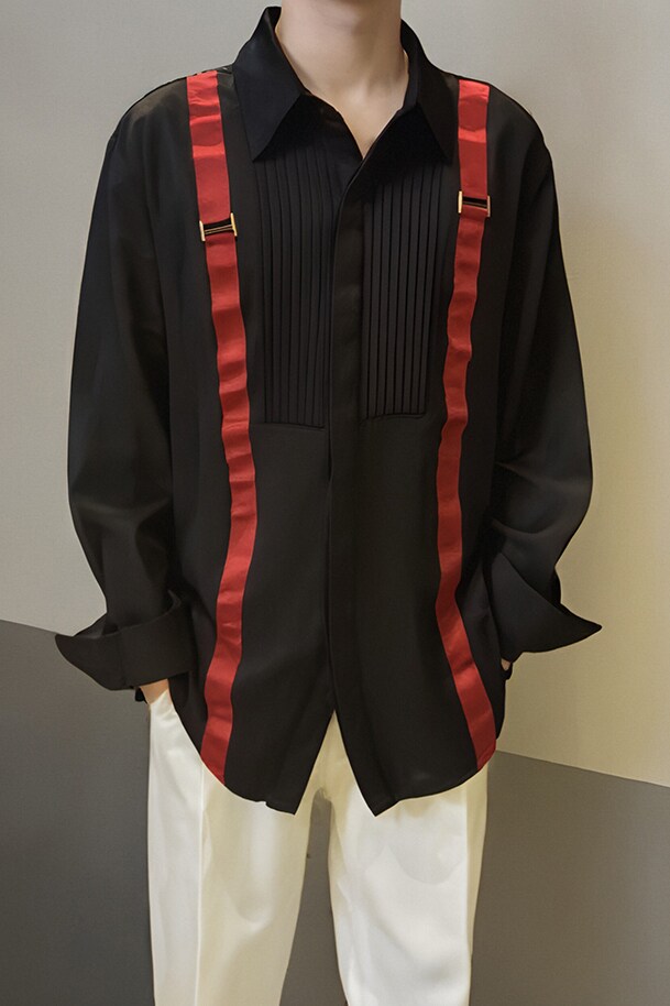 QS017*聚会酒吧礼服潮织带装饰背带衬衫P48,男装衬衫,星座717A