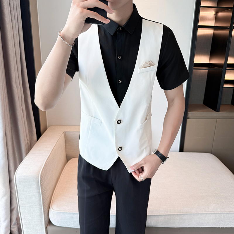 LT1001*男马甲两件套潮假两件衬衫餐厅吧台营业员司仪工作服P55，男装衬衫，星座717A