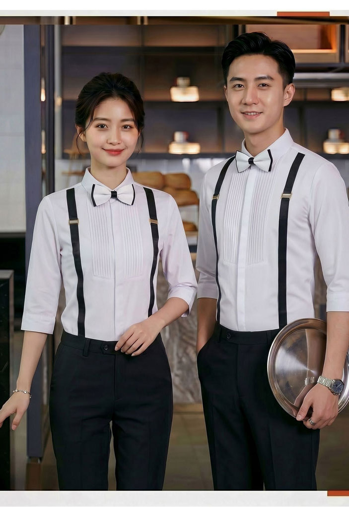 GZ077*背带装饰七分袖男女同款衬衫餐厅酒吧夜店工作服送领结P50,男装衬衫,星座717A