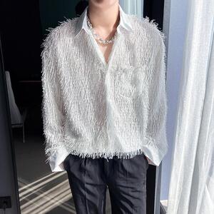QS091*新款宽松韩舞台装小众羽毛流苏夜店男歌手长袖衬衫男P65图片