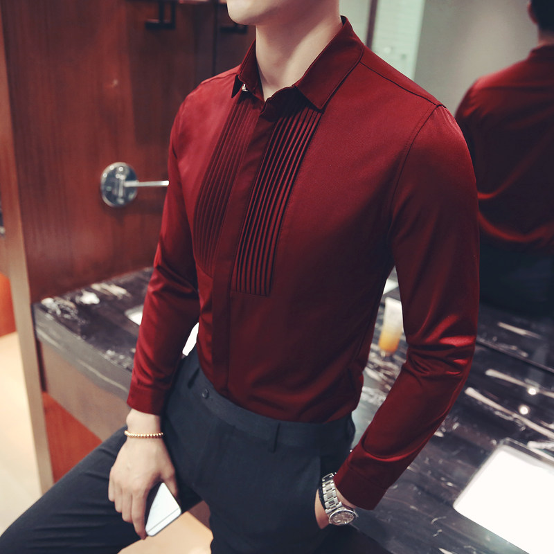YC036-纯色潮男婚礼伴郎衬衫理发店衬衣工作服夜店KTV少爷衬衫P50,男装衬衫,星座717A