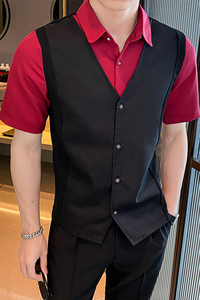 LT146*男士短袖休闲马甲衬衫假两件奶茶店男女款营业员工作服P50图片