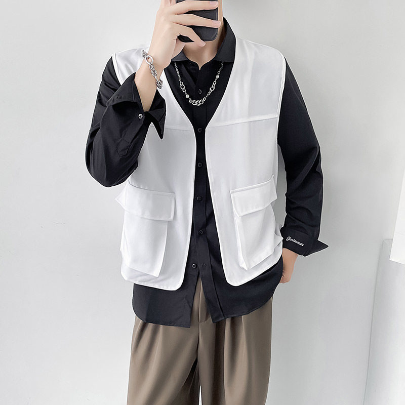 QS022*新款男大口袋宽松马甲外套纯色V领休闲轻者马甲P35图片