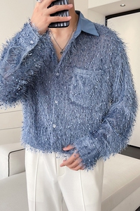 QS066*夜店男潮流长袖衬衫宽松复古衬衣P65图片