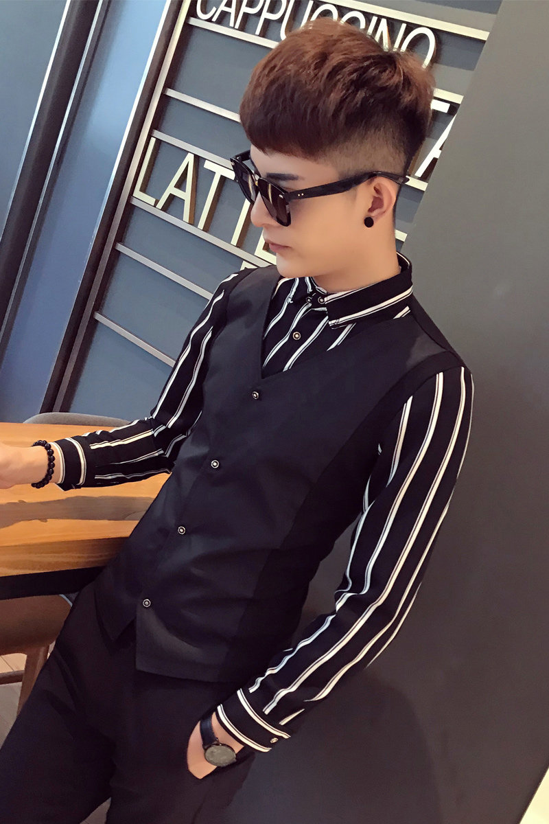 S8471*2024秋冬条纹马甲衬衫加棉加厚两件套夜店酒吧工作服P60,男装衬衫,星座717A