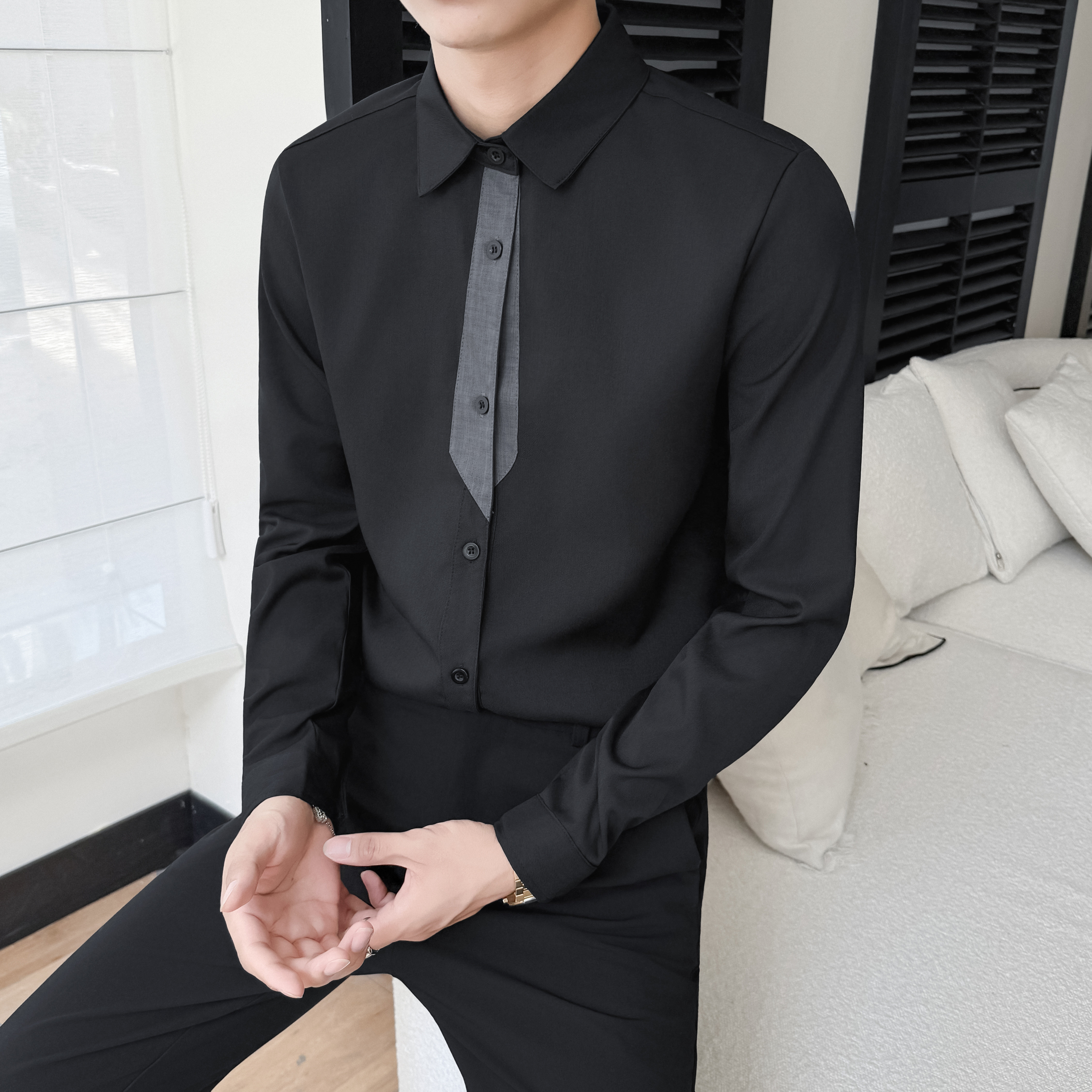LT200*痞帅衬衫领带男潮流韩版修身帅气长袖衬衣餐厅KTV工作服P55,男装衬衫,星座717A