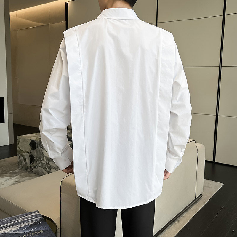 QS027*纯黑色个性另类设计长袖衬衫宽松轻奢男衬衣P55,男装衬衫,星座717A