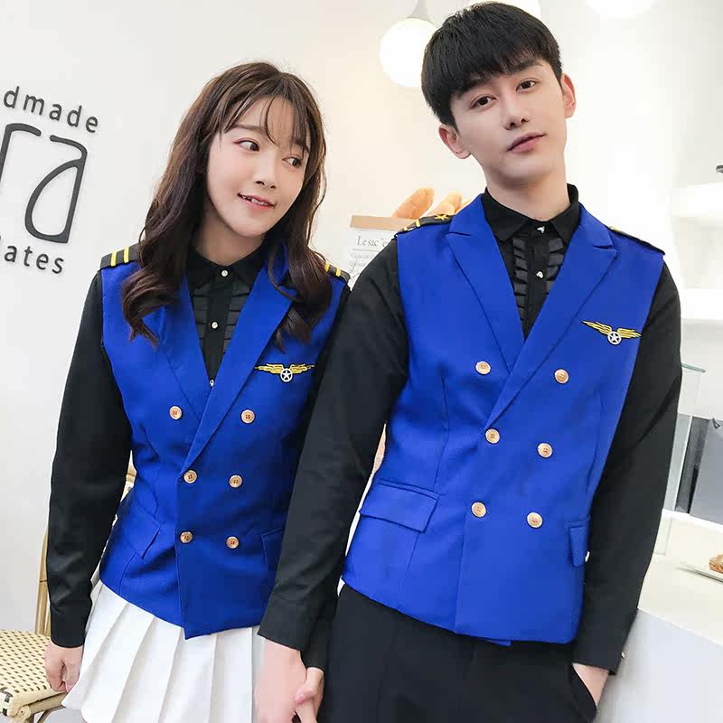 Q8758-清新纯色双排扣马甲外套服务员马甲马褂大码P50图片