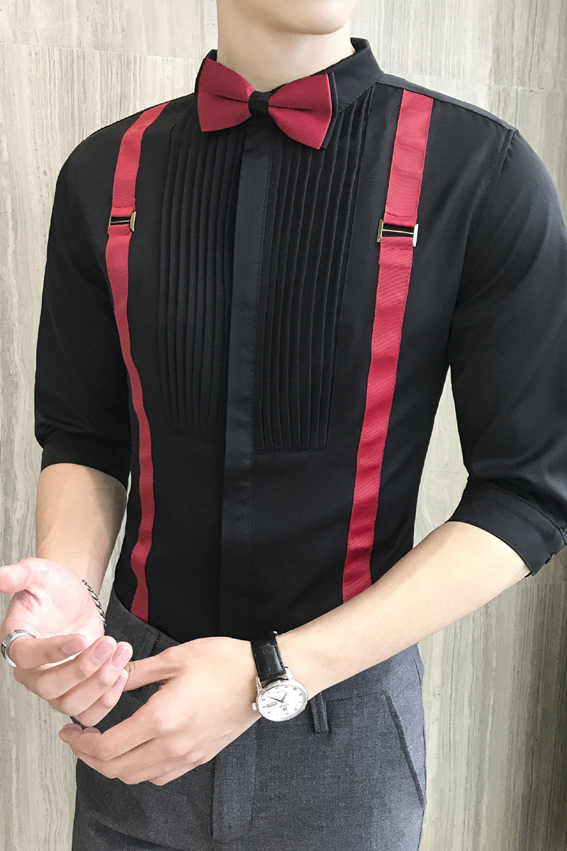 LT077-型男潮背带装饰假两件衬衫中袖衬衣发型师七分袖衬衫P50,男装衬衫,星座717A