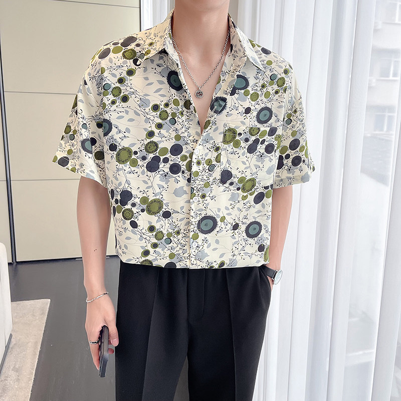 QS064*夏季男潮宽松短袖花衬衫复古青年衬衣小众半袖P45，男装衬衫，星座717A
