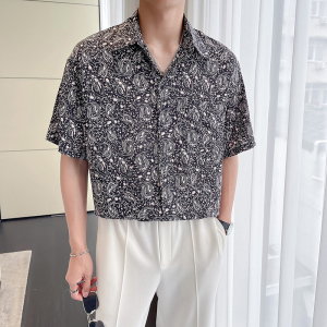 QS064*夏季男潮宽松短袖花衬衫复古青年衬衣小众半袖P45图片