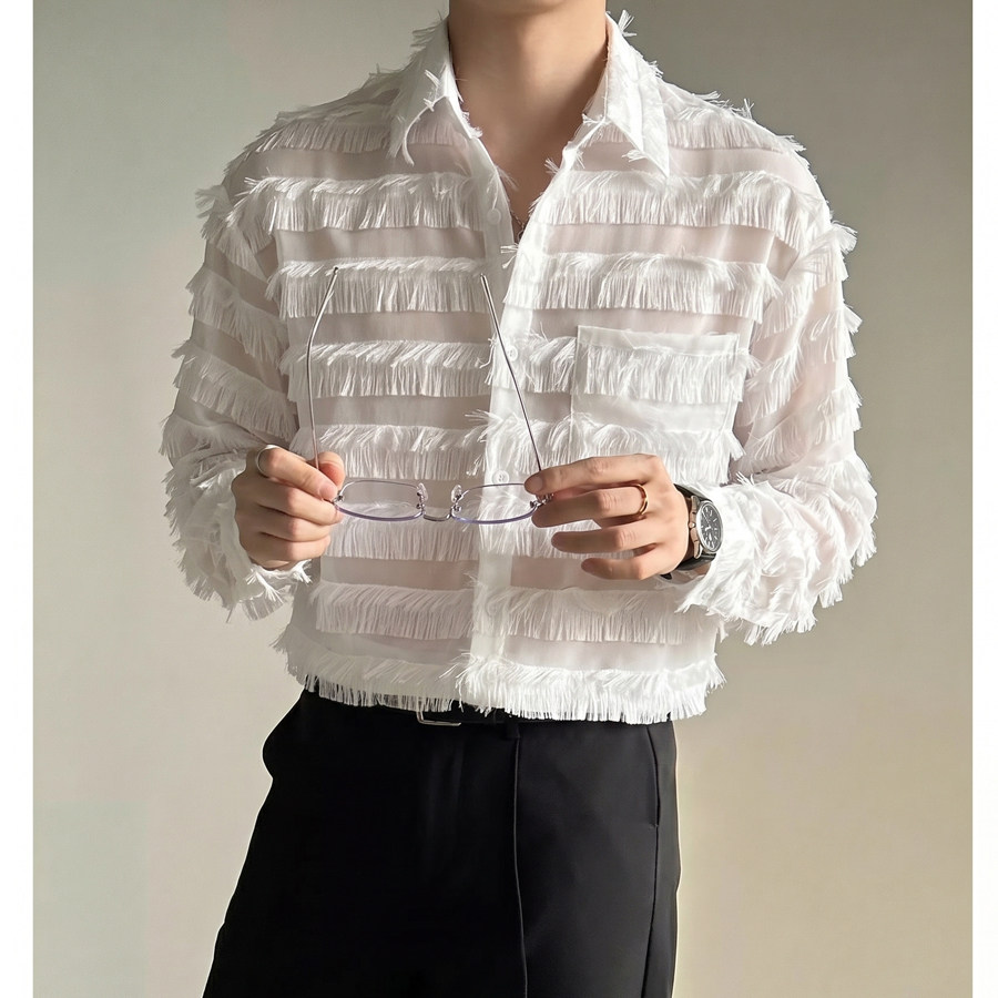 QS094*镂空透气横条毛毛宽松衬衫P45,男装衬衫,星座717A