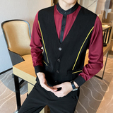 LT807*男马甲衬衫假两件灰色工作服酒吧夜店立领拼色衬衣P60，男装衬衫，星座717A