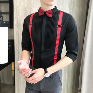 LT077-三色背带装饰男纯色休闲中袖衬衫七分袖P50图片