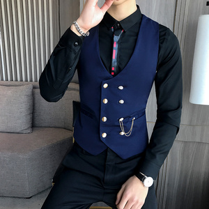 LP734-金属双排扣V领短款男马甲外套休闲马甲服务员马甲工作服P50图片