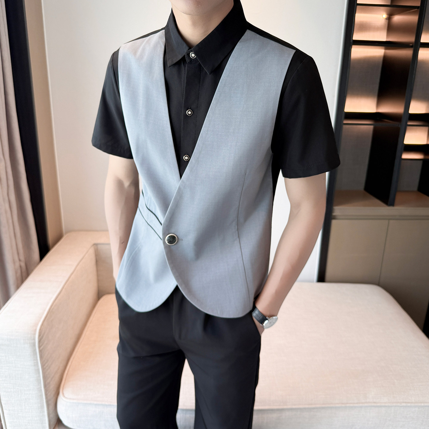 LT1001*双排扣男马甲衬衫两件套短袖衬衣KTV西餐厅服务员工装P55,男装衬衫,星座717A