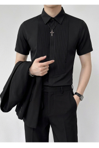 QS143*黑色风琴皱法式选修休闲衬衫伴郎合唱演出服P45图片