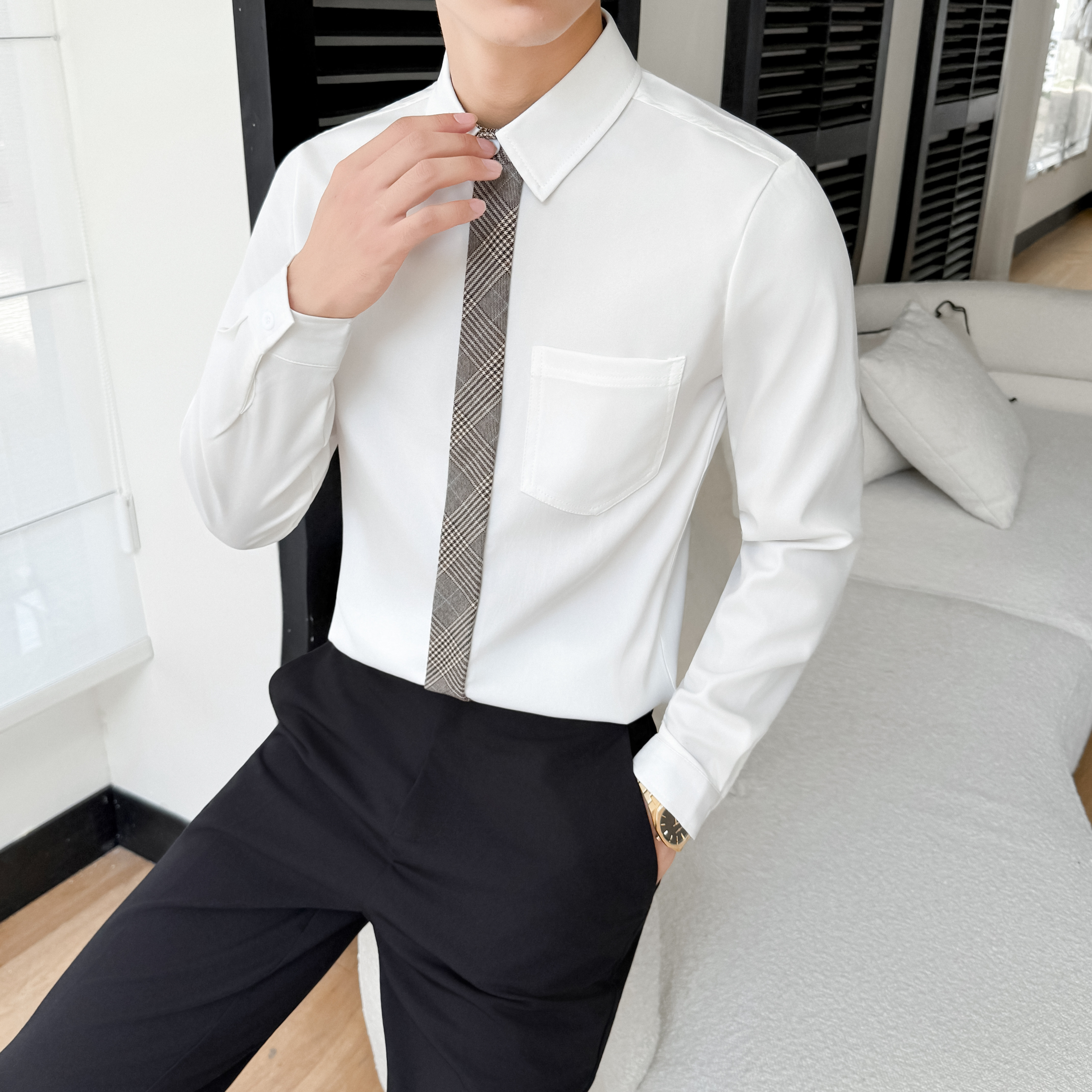 LT201*格子领带男潮流韩版帅气长袖衬衣工作服秋冬男职业装P55,男装衬衫,星座717A