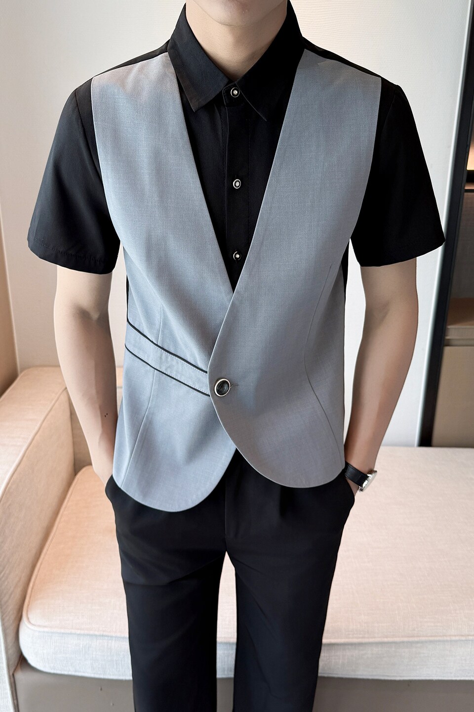 LT1001*灰色个性短袖假两件衬衫马甲两件套工作服吧台网咖工装P55,男装衬衫,星座717A