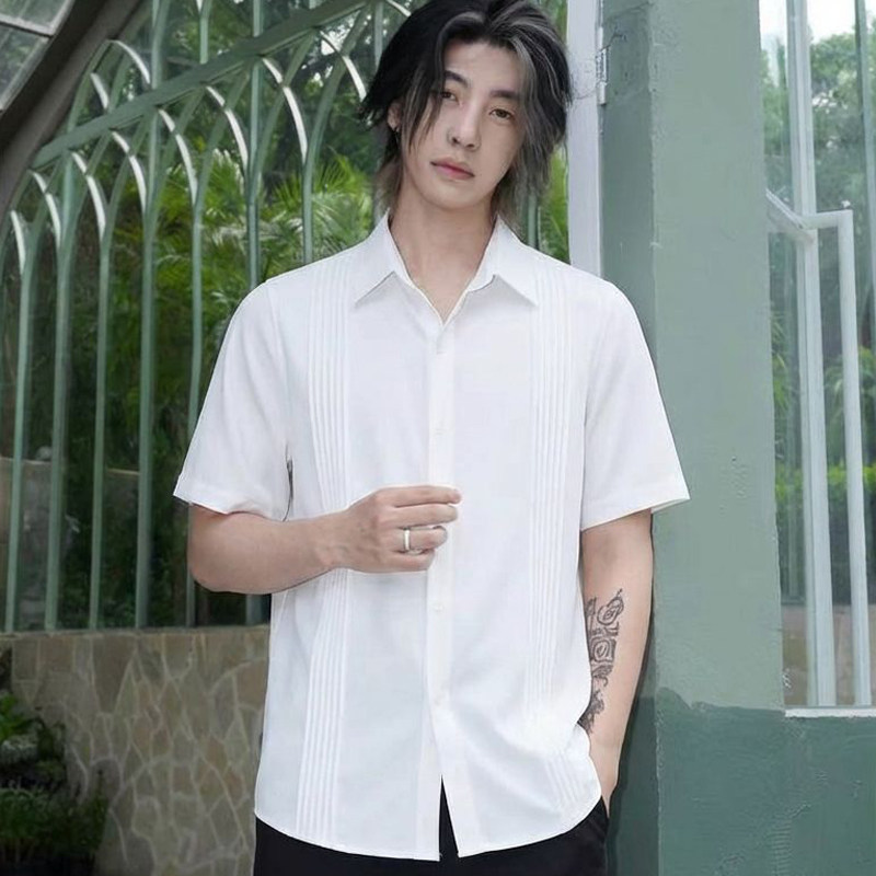 QS144*白色褶皱风琴皱男法式潮男短袖衬衣P45,男装衬衫,星座717A