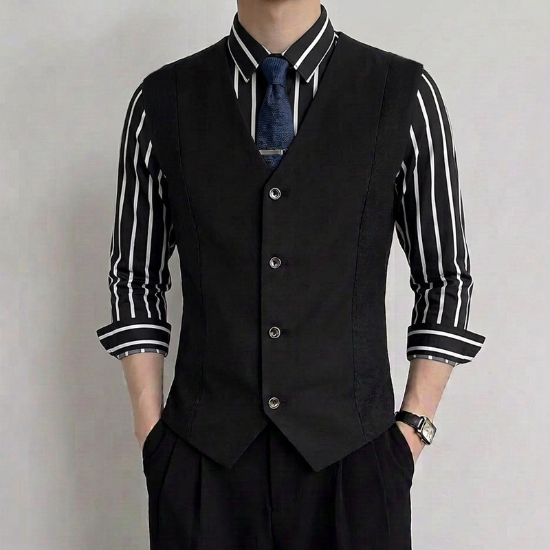 QS471*黑条纹假两件长袖衬衫条纹衬衫休闲马甲衬衫P55,男装衬衫,星座717A