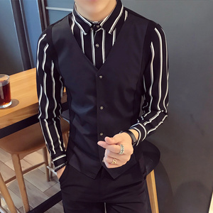 S8471-2024新款条纹马甲两件套夜店酒吧KT马甲衬衣工作服大码P55图片