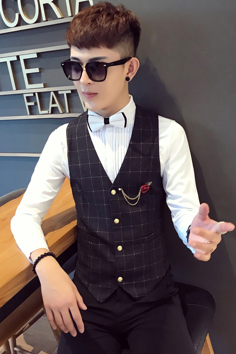 S8710-男士格子短马甲外套餐厅服务生理发师马甲工作服大码P50,男装背心/马甲,星座717A