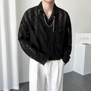 QS035*宽松男时尚纯色镂空长袖古巴领衬衫小众设计防嗮衬衣P65图片