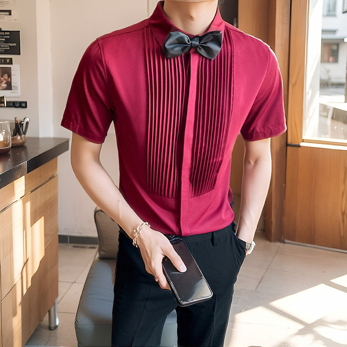 LT143*夏季男士法式短袖衬衫餐厅工作服男女款纯色衬衣P40,男装衬衫,星座717A