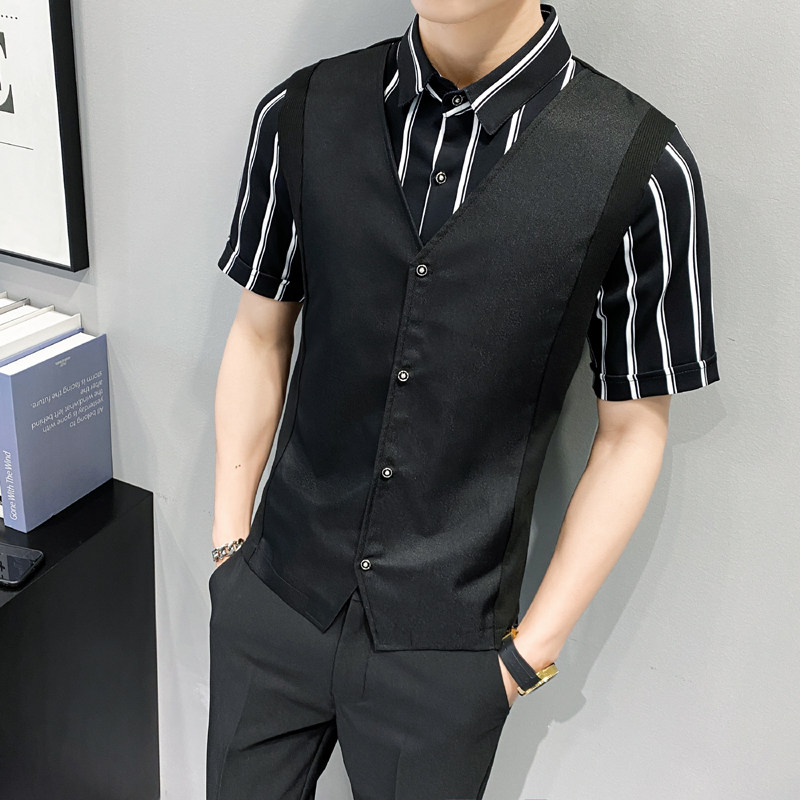 LT135*男条纹衬衫夜店酒吧营业员服务员马甲短袖衬衫假两件P50,男装衬衫,星座717A
