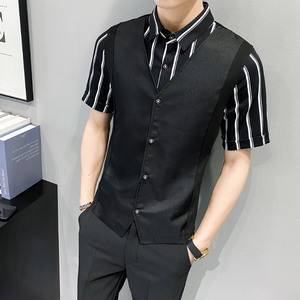 LT135*男条纹衬衫夜店酒吧营业员服务员马甲短袖衬衫假两件P50图片