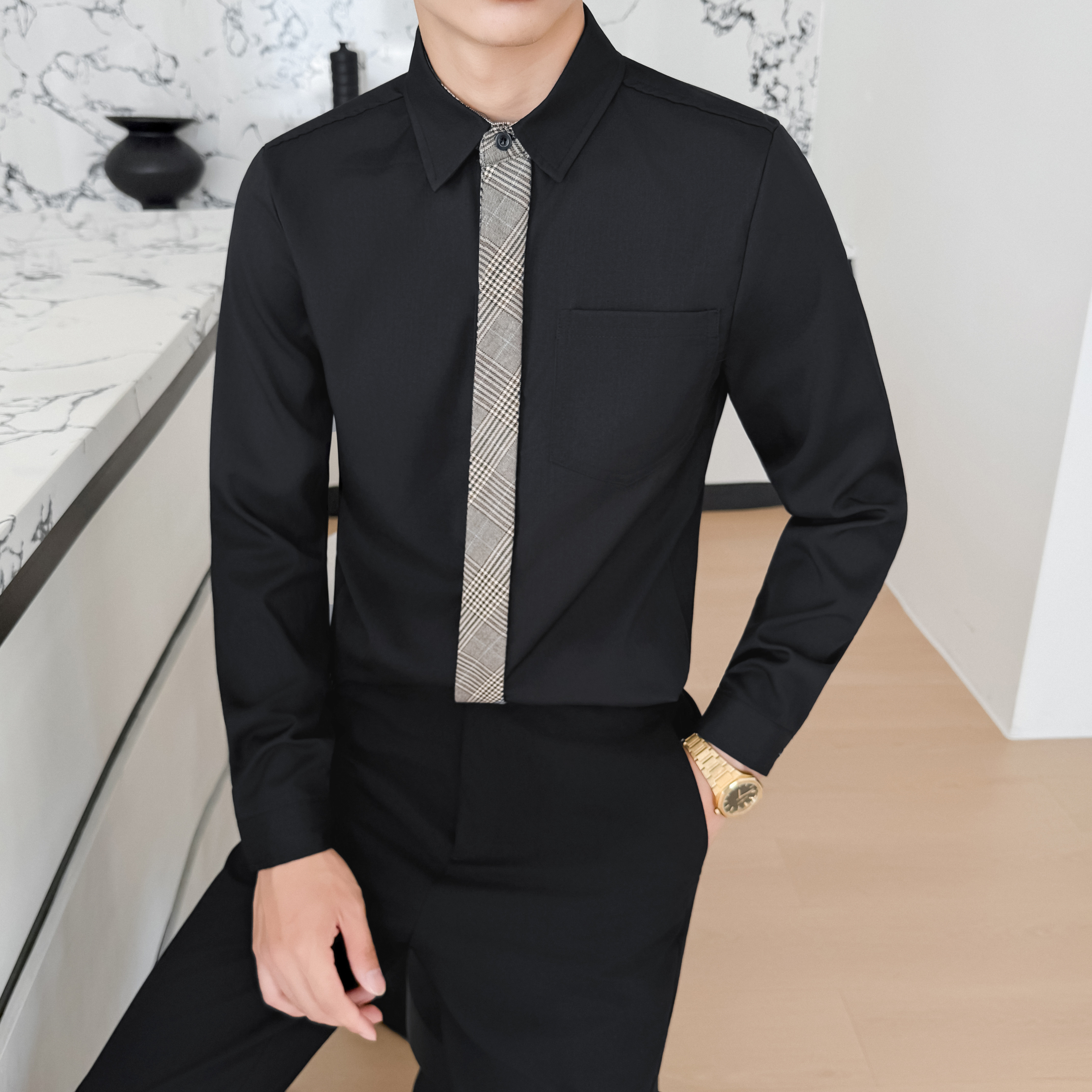 LT201*格子领带男潮流韩版帅气长袖衬衣工作服秋冬男职业装P55,男装衬衫,星座717A