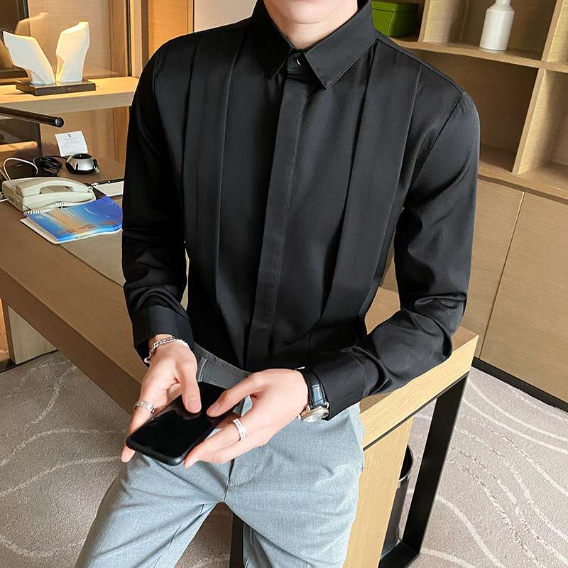 长袖透气宽松型修身金属袖扣衬衫休闲职业正装韩版男士衬衣白色,男装衬衫,星座717A