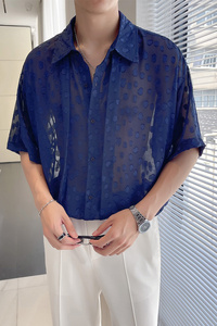 QS065*宽松镂空小众个性半袖短袖衬衫中性那不勒斯男薄衬衣P65图片