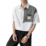 QS034*2022宽松休闲拼色短袖衬衫小众设计大口袋大版短衬衣P55，男装衬衫，星座717A