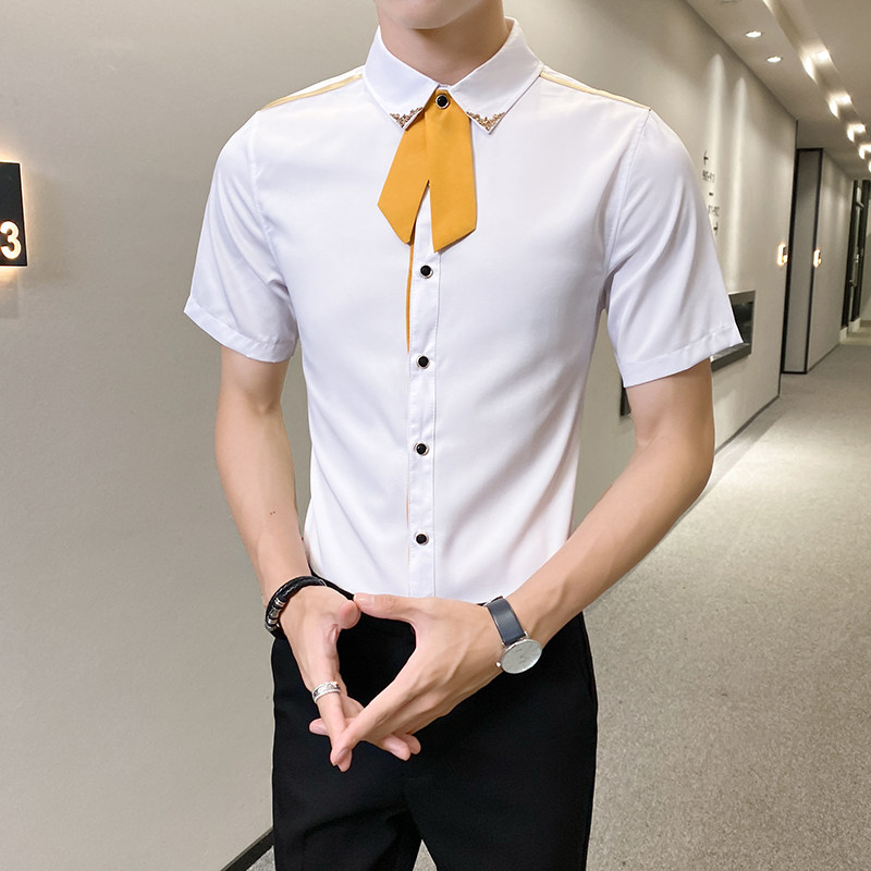 LT136*2024新款拼色可拆卸领带男短袖衬衣休闲衬衫P45图片
