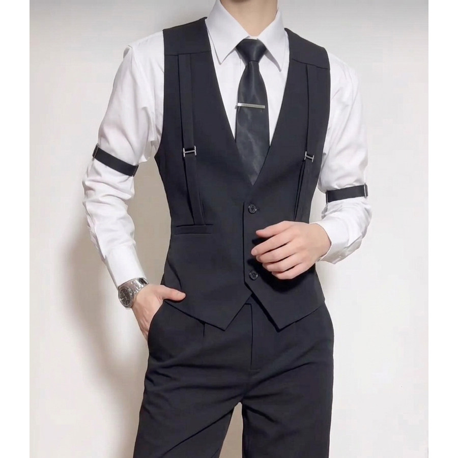 QS781*背带装饰灰色V领男马甲休闲马甲P50,男装背心/马甲,星座717A