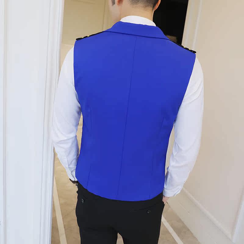 Y8758-Q时尚男韩版修身短款双排扣马甲工作服肩章马甲外套黑色P50,男装背心/马甲,星座717A