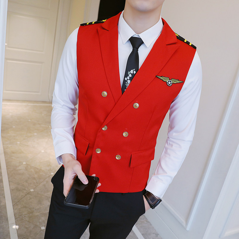 Y8758-V时尚男韩版修身短款双排扣马甲工作服肩章马甲外套黑色P48,男装背心/马甲,星座717A