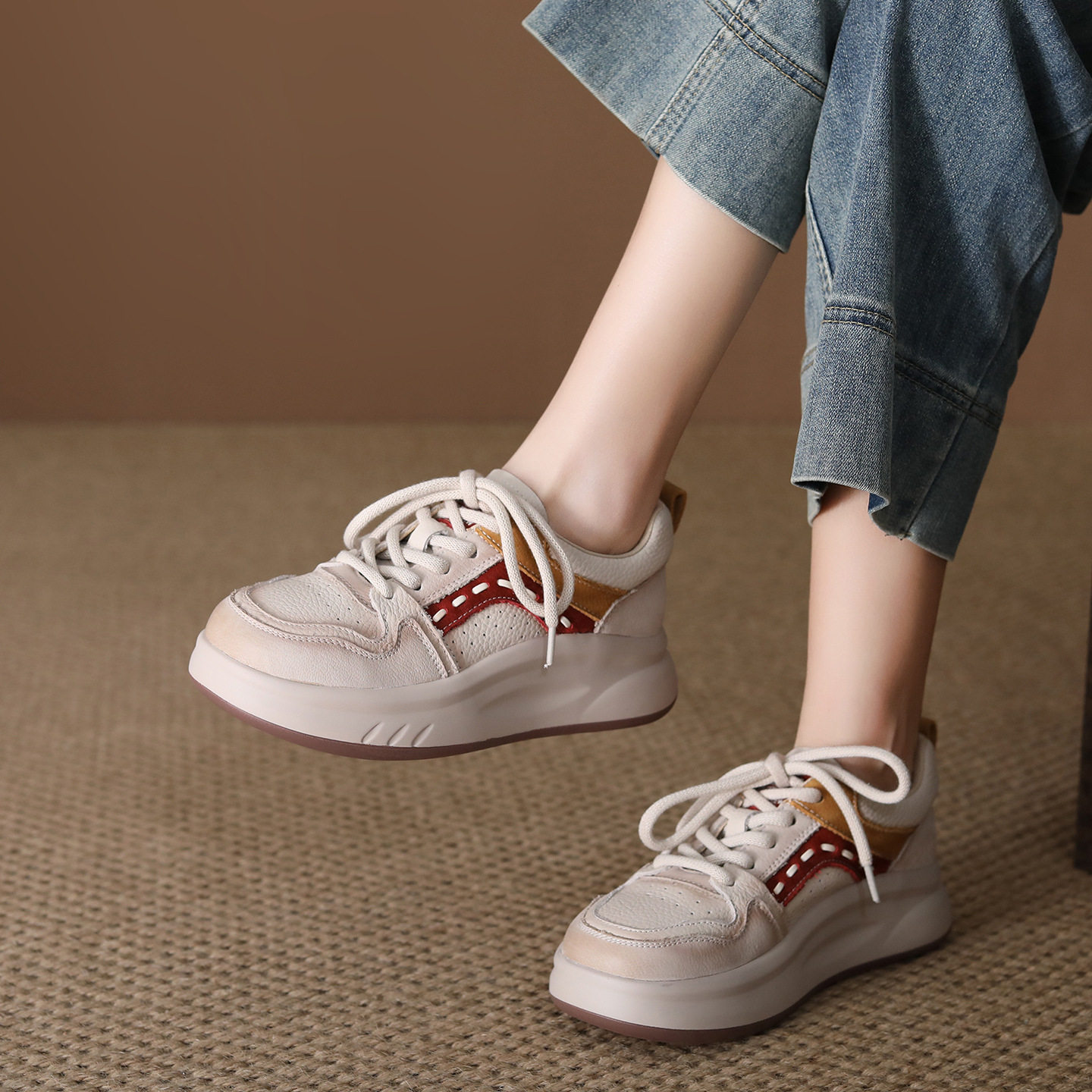 头层牛皮透气复古板鞋女春秋系带厚底休闲鞋百搭增高松糕运动单鞋,女鞋,时尚休闲鞋,淘宝优惠券,粉丝福利购,淘宝优惠卷