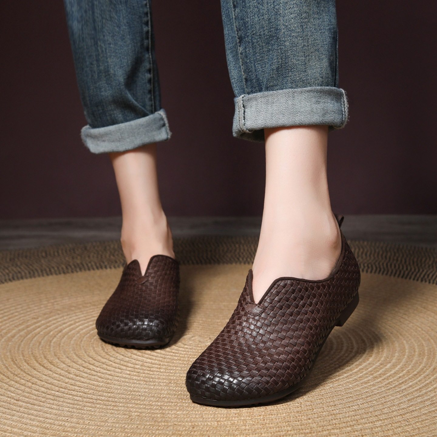 文艺复古真皮编织单鞋女软底软面平底皮鞋头层牛皮中老年人妈妈鞋,女鞋,浅口单鞋,淘宝优惠券,粉丝福利购,淘宝优惠卷