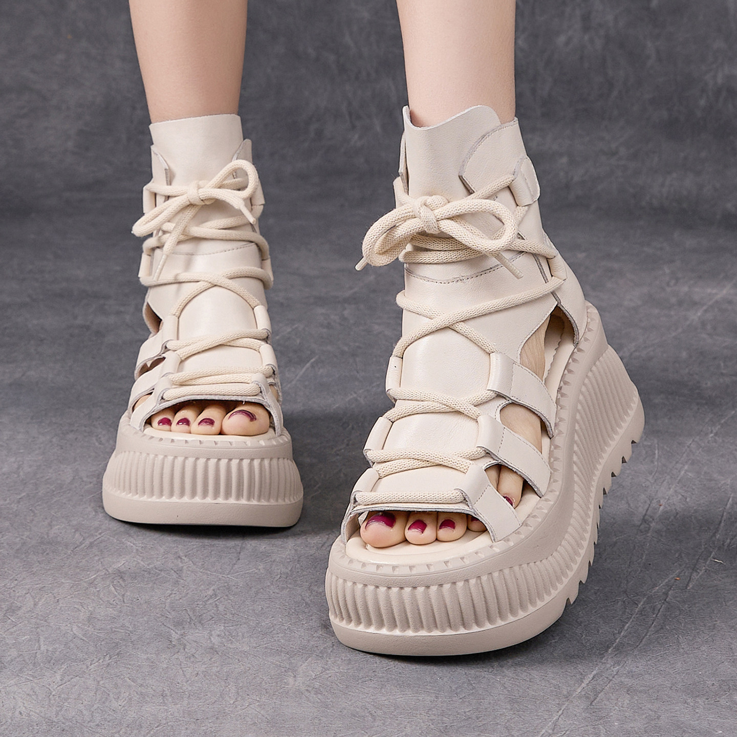 2026夏季新款厚底凉鞋女真皮松糕底镂空罗马凉靴增高绑带鱼嘴短靴