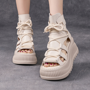 2026夏季新款厚底凉鞋女真皮松糕底镂空罗马凉靴增高绑带鱼嘴短靴