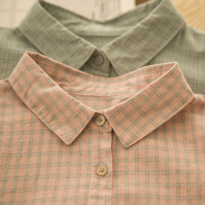 青空港味复古小格子长袖单排扣