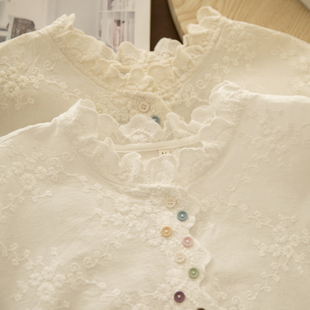 淑女气质 打底衬衫 枝蔓 秋女花边立领重工刺绣彩色扣纯棉宽松长袖