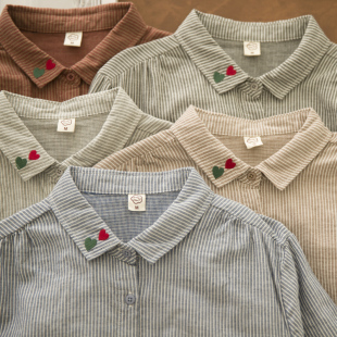 布织爱心 文艺小清新刺绣宽松双层纱棉纯棉条纹衬衫女秋打底衬衣