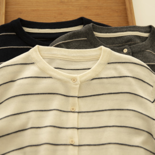 毛衣 女秋开衫 芝士塔 原创立体感精致气质洋气圆领条纹羊毛针织衫